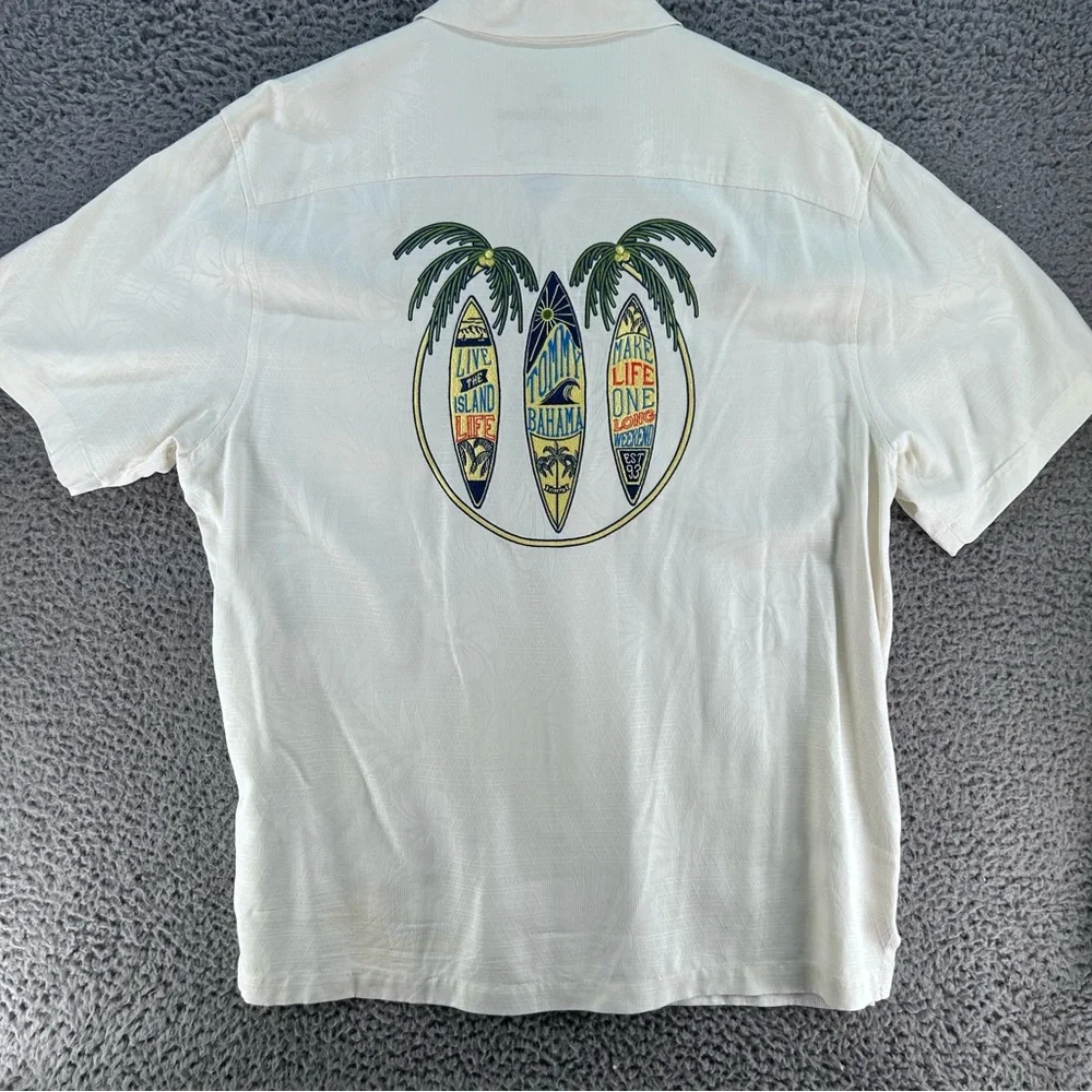 Tommy Bahama Silk Embroidered Shirt XL Triple Surfboards Palm Trees Island Life - Picture 11 of 12